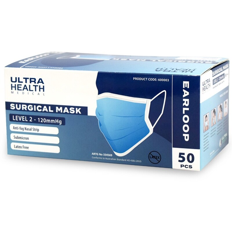 50pcs 3ply Ultra Health Surgical Face Masks Level 2 Ear Loops 50PK TGA Approved