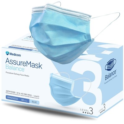 Medicom AssureMask Balance Procedure Earloop Blue Face Masks, Level 3 (Box of 50)
