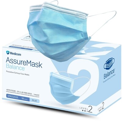 Medicom AssureMask Balance Procedure Earloop Blue Face Masks, Level 2 (Box of 50)
