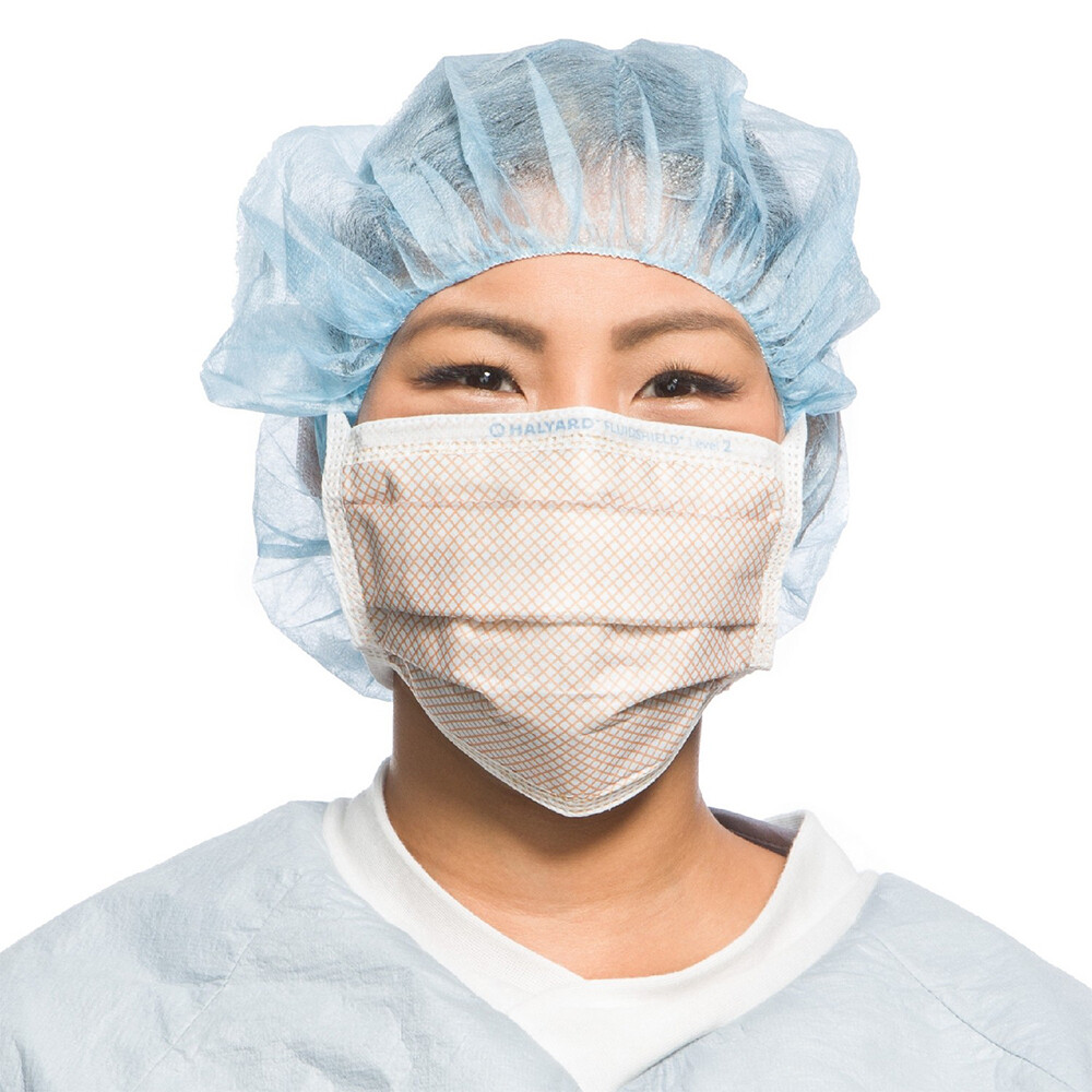 HALYARD FLUIDSHIELD Level 2 Fog-Free Surgical Mask, Pleat-Style with Ties, Blue with Orange Diamond Print (50 Masks/Box)