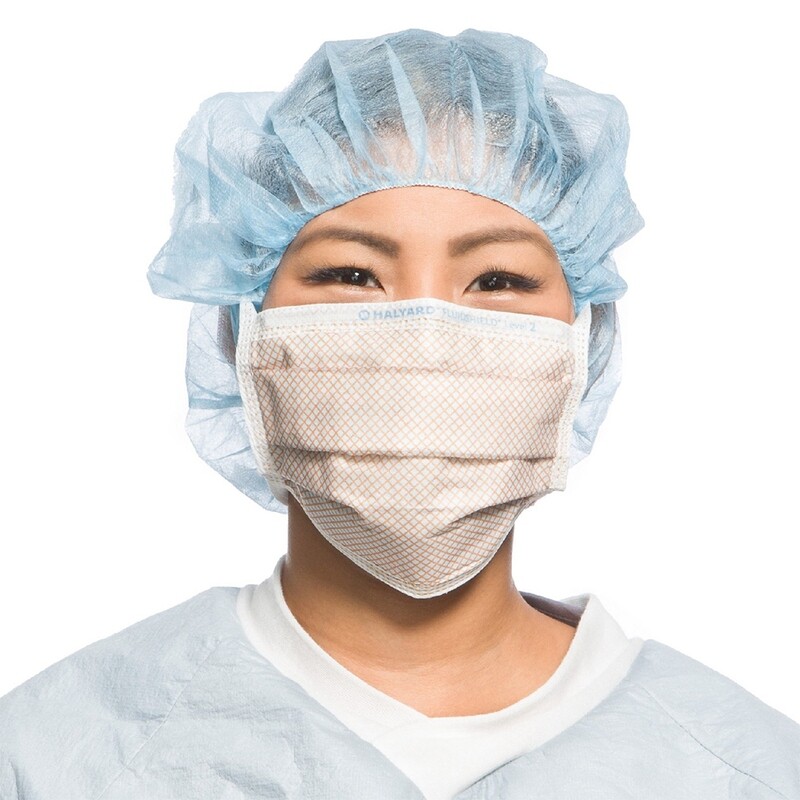 HALYARD FLUIDSHIELD Level 2 Fog-Free Surgical Mask, Pleat-Style with Ties, Blue with Orange Diamond Print (50 Masks/Box)