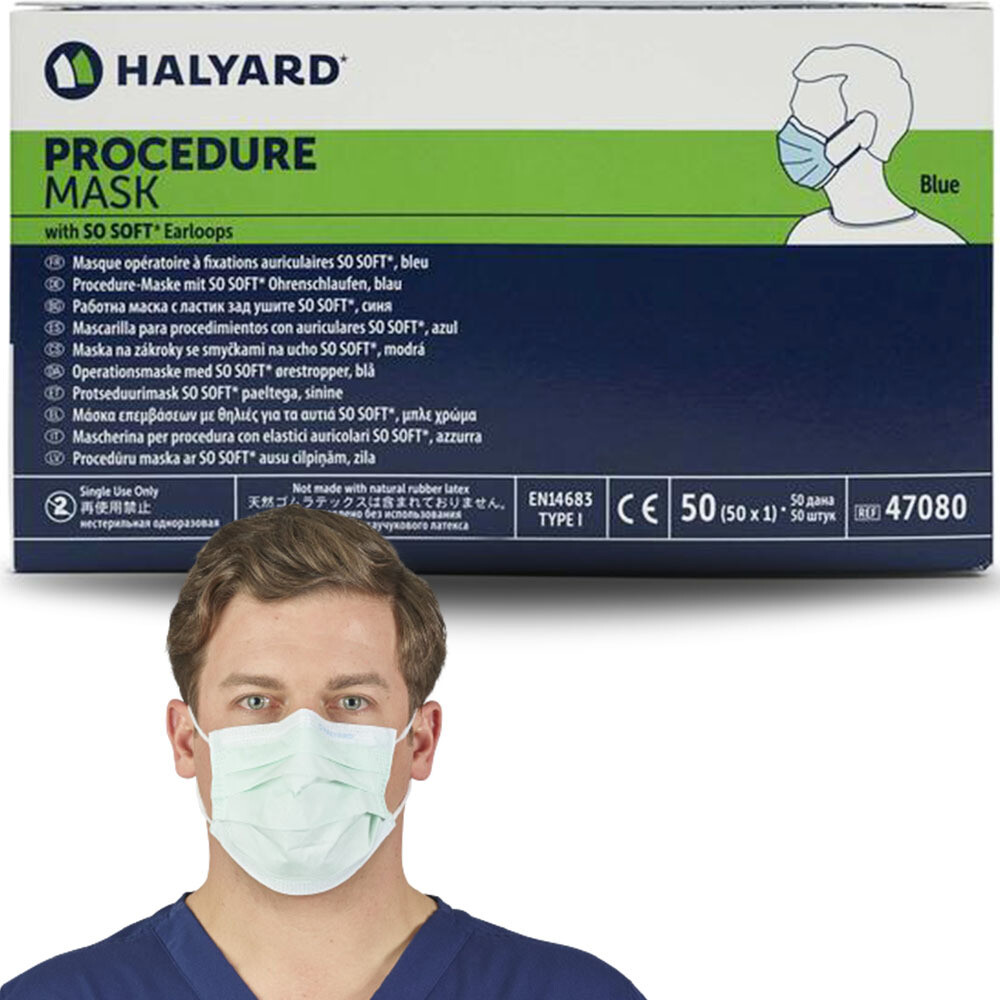 HALYARD Procedure Mask, Pleat-Style with Ear Loops, Blue (50 Masks/Box)