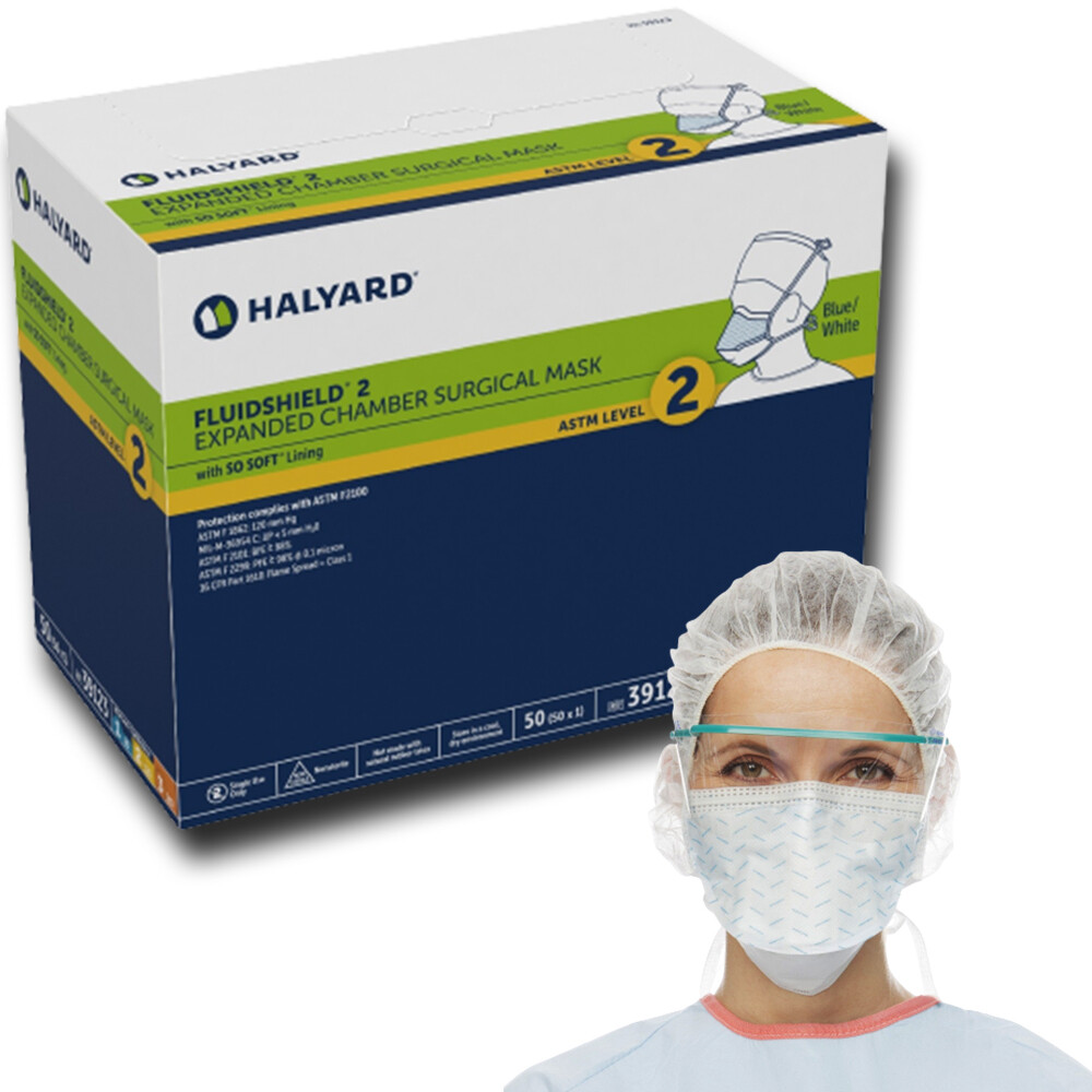 HALYARD FLUIDSHIELD Level 2 Surgical Mask with Expanded Chamber, Pouch-Style with Ties, Blue and White (50 Masks/Box)