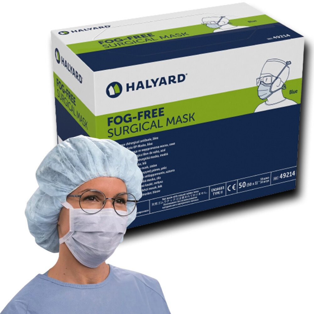 HALYARD Fog-Free Surgical Mask, Pleat-Style with Ties, Blue (50 Masks/Box)