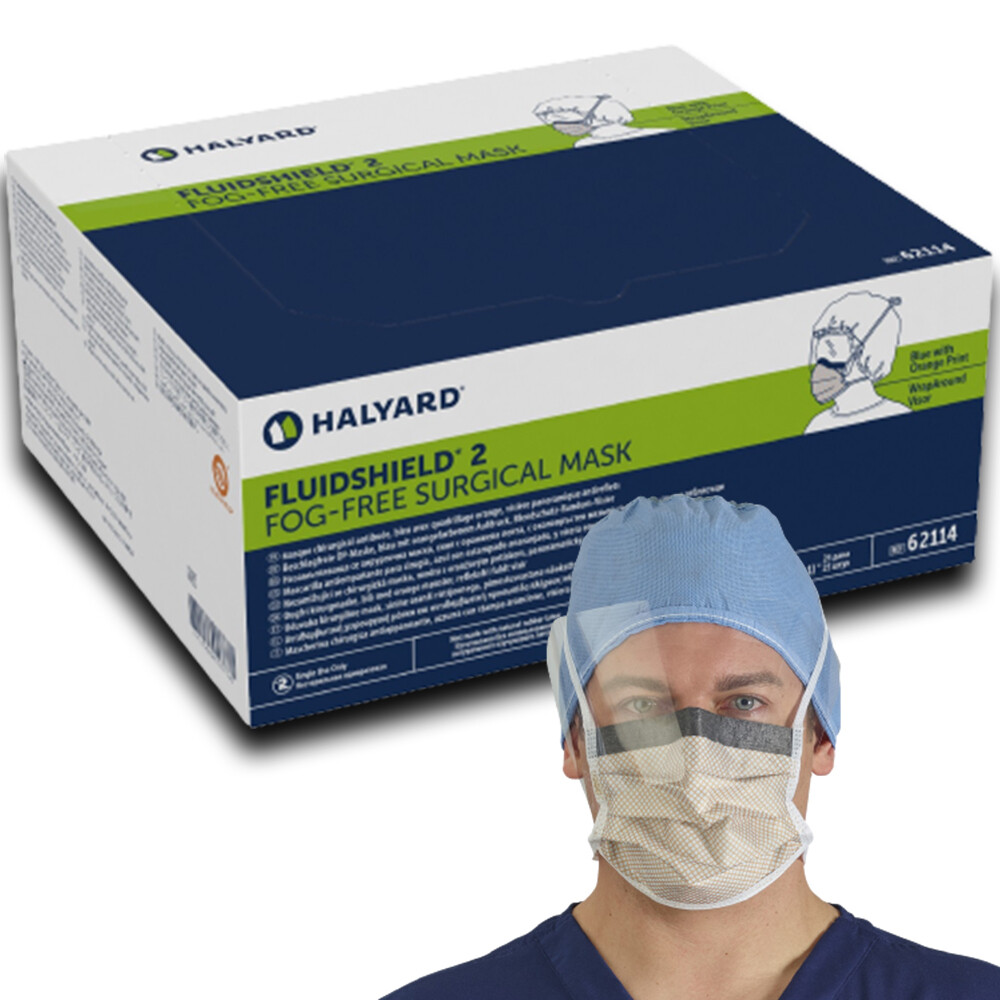 HALYARD FLUIDSHIELD Level 2 Fog-Free Surgical Mask Pleat-Style with Ties, Blue with Orange Diamond Print (25 Masks/Box)
