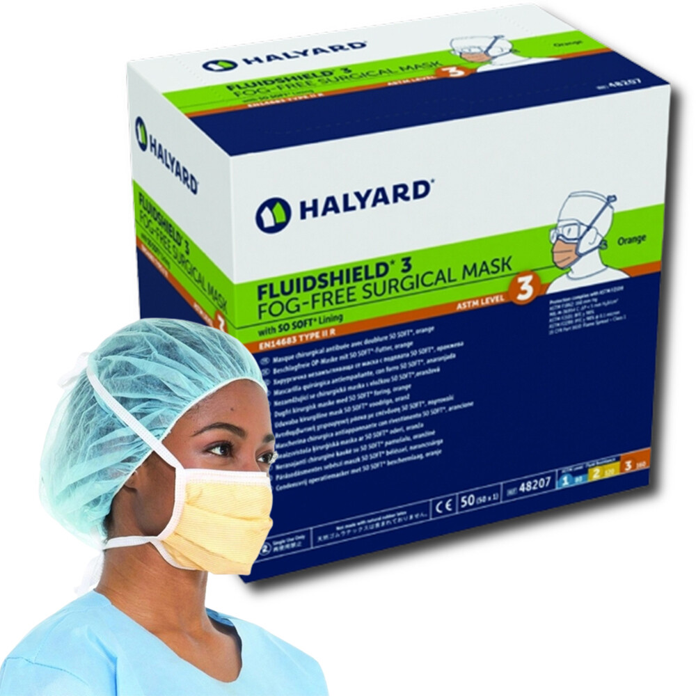 HALYARD FLUIDSHIELD Level 3 Surgical Mask, Pleat-Style with Ties, Orange (50 Masks/Box)