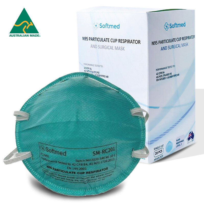 Softmed N95 Cup Respirator Surgical Mask w/ Comfortable Head Loop Level 2 Individually Wrapped - Australian Made (Box/20)