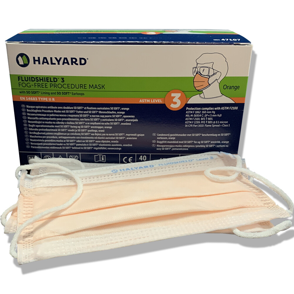 HALYARD FLUIDSHIELD Level 3 Fog-Free Procedure Mask, Pleat-Style with SO SOFT Ear Loops, Foam Band, Orange (40 Masks/Box)