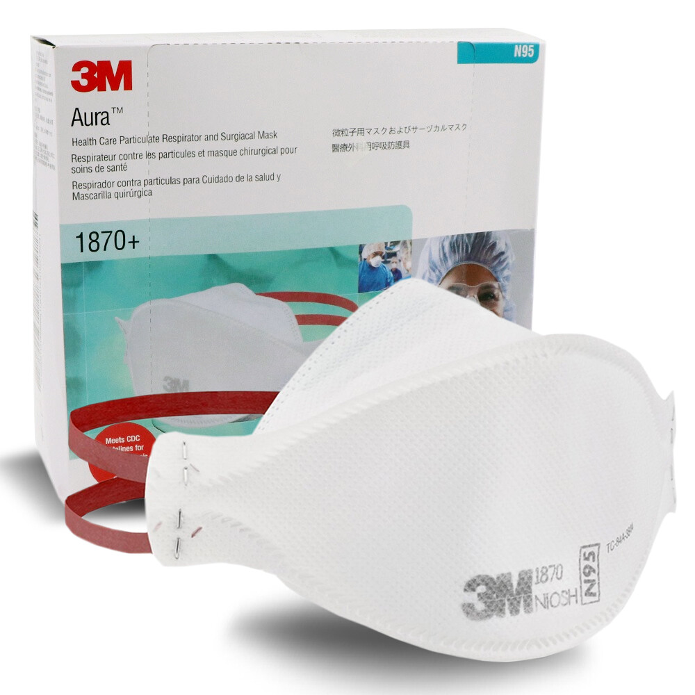 3 X 3M Aura N95 P2 1870+ Particulate Respirator Surgical Mask Flat Fold Fluid Resistance Box Of 20