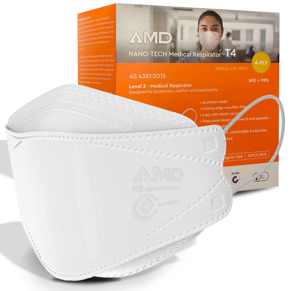 50pcs AMD P2 N95 4PLY Nano-tech Flatfold Medical Face Mask Ear Loops Individually Wrapped -Australian Made