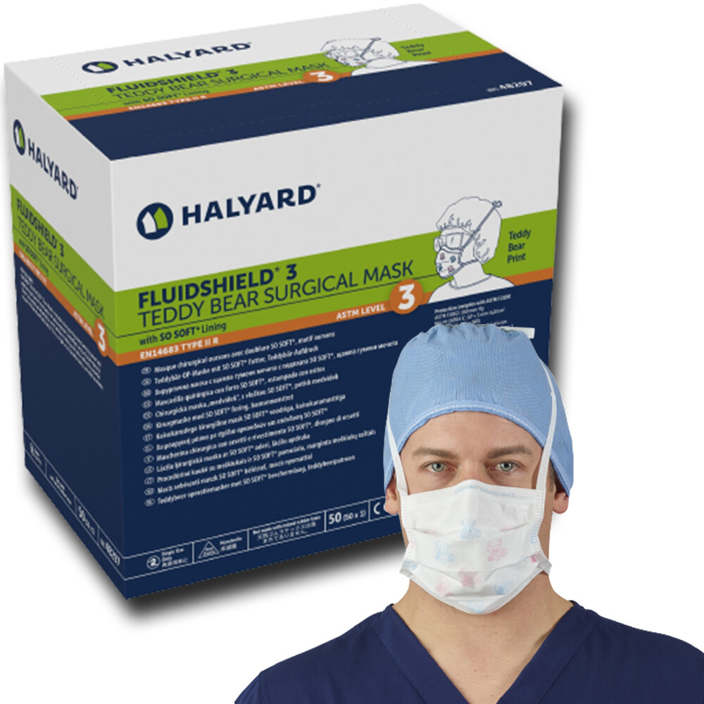 HALYARD FLUIDSHIELD Level 3 Care Bear Surgical Mask, Pleat-Style with Ties, Pink and Blue Teddy Bear Print (50 Masks/Box)