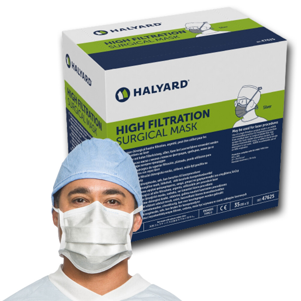 HALYARD LAZER Surgical Mask, Pleat-Style With Ties, Silver (35 Masks/Box)