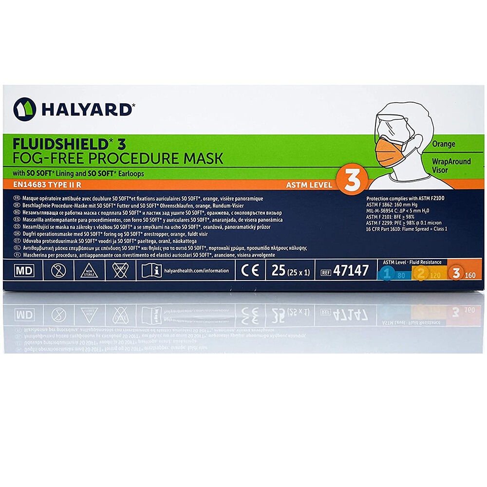 HALYARD FLUIDSHIELD Fog-Free Procedure Mask with SO SOFT Ear Loops, Foam Band, Level 3 Orange - 25 Masks/Box