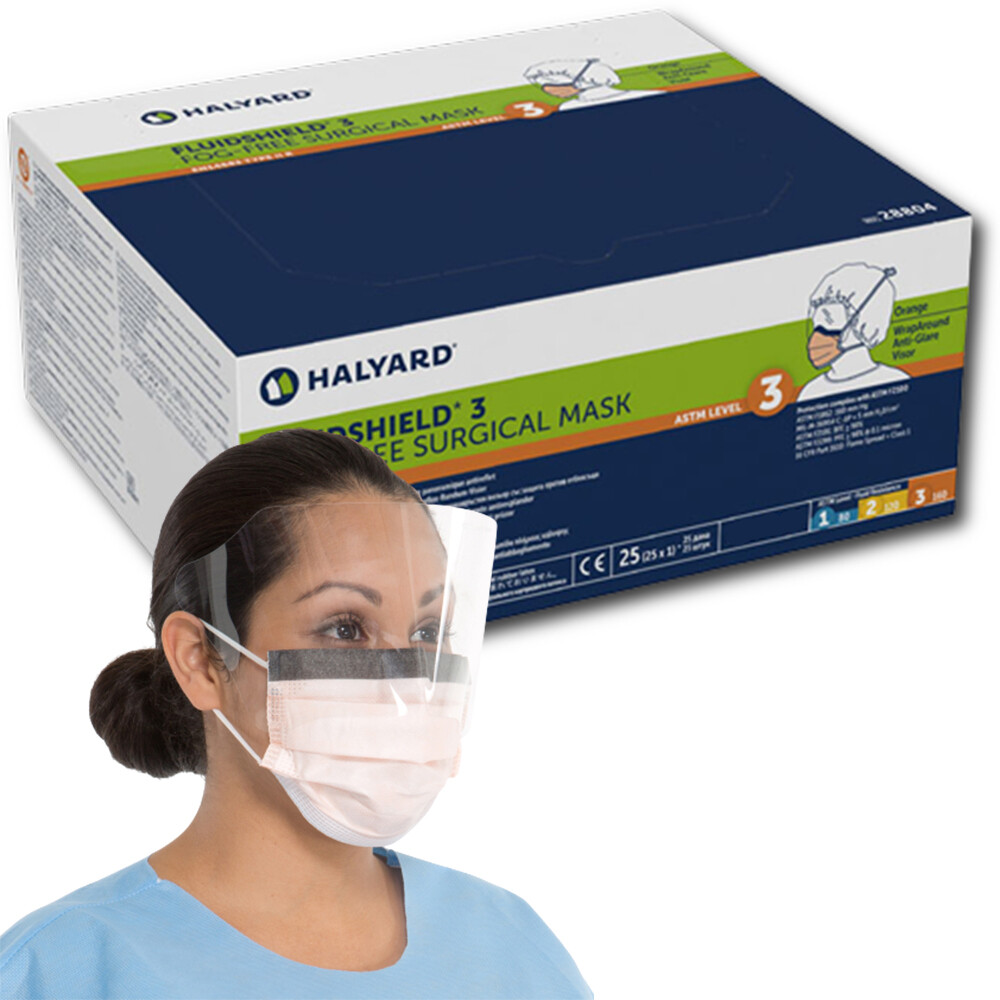 HALYARD FLUIDSHIELD Level 3 Fog-Free Procedure Mask, WrapAround Visor and SO SOFT Lining and Ear Loops(25 Masks/Box)