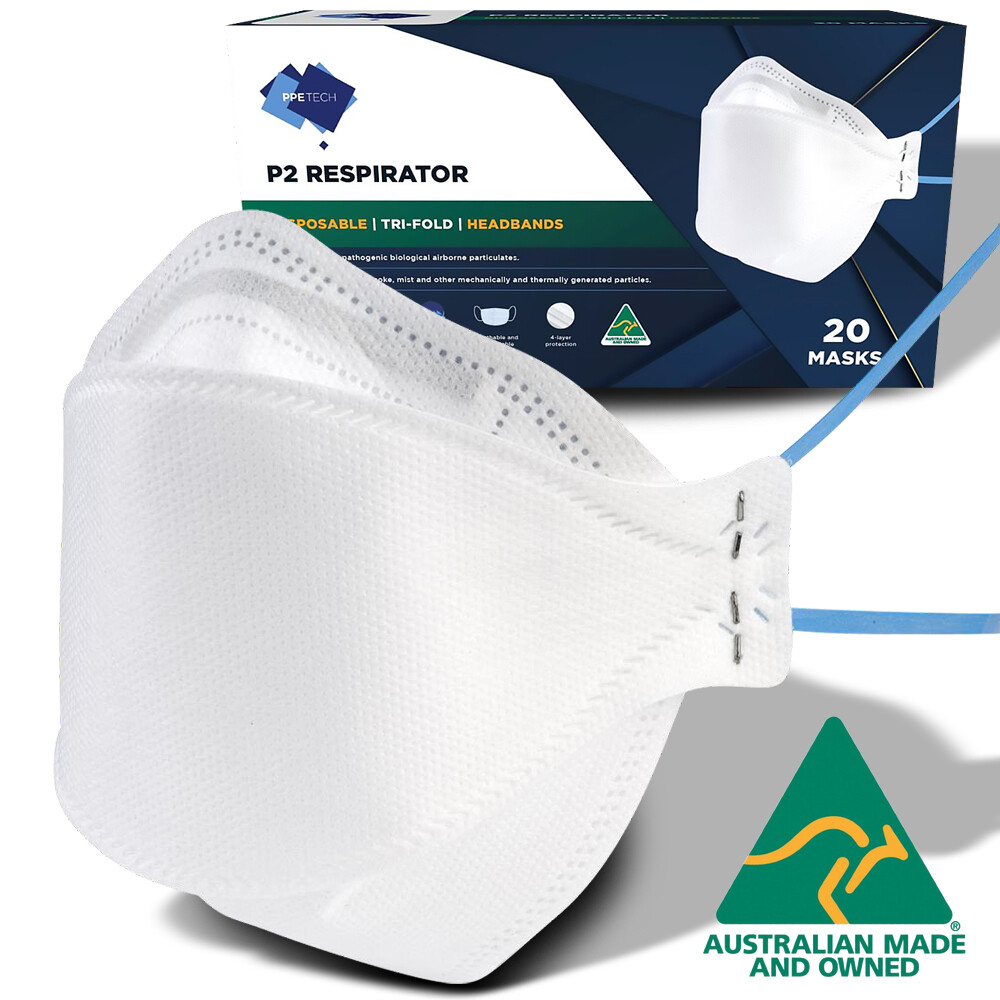 40 x PPE Tech Australian Made 4-Layer Tri-Fold P2 Face Masks with Headbands