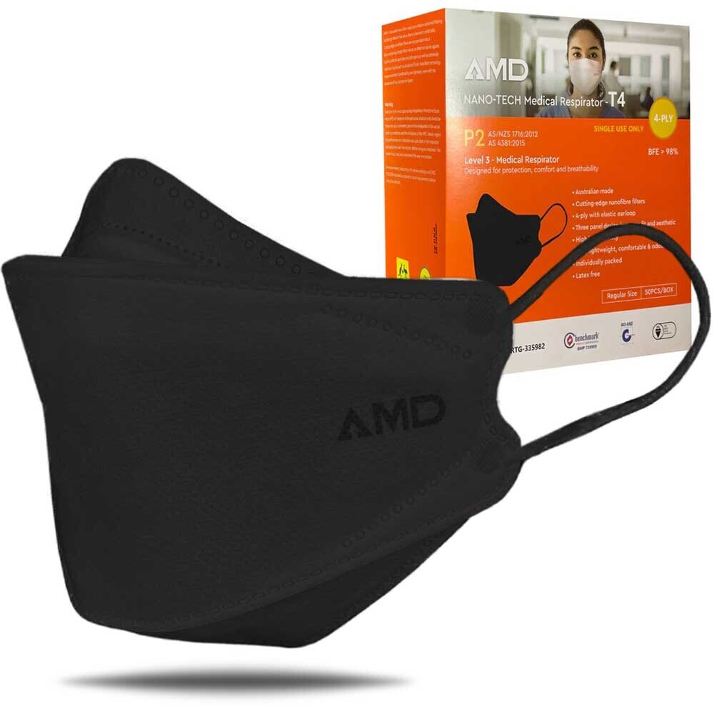 50pcs AMD Black Face Mask P2/T4 Earloop Certified Medical Respirator