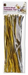 TWISTABLE TIES EC 25CM GOLD AND SILVER PK150