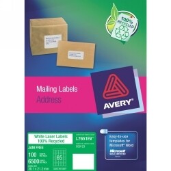 LABEL ENVIRO AVERY 38.1X21.2MM 100% RECYCLED 65/SHEET BOX 100 WHITE