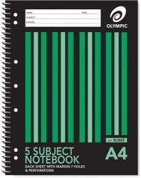 NOTEBOOK OLYMPIC A4 5 SUBJECT 8MM RULED SPIRAL 7 HOLES 240PG