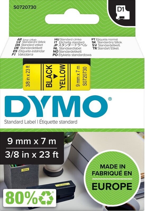 LABEL TAPE DYMO D1 9MMX7M BLACK ON YELLOW