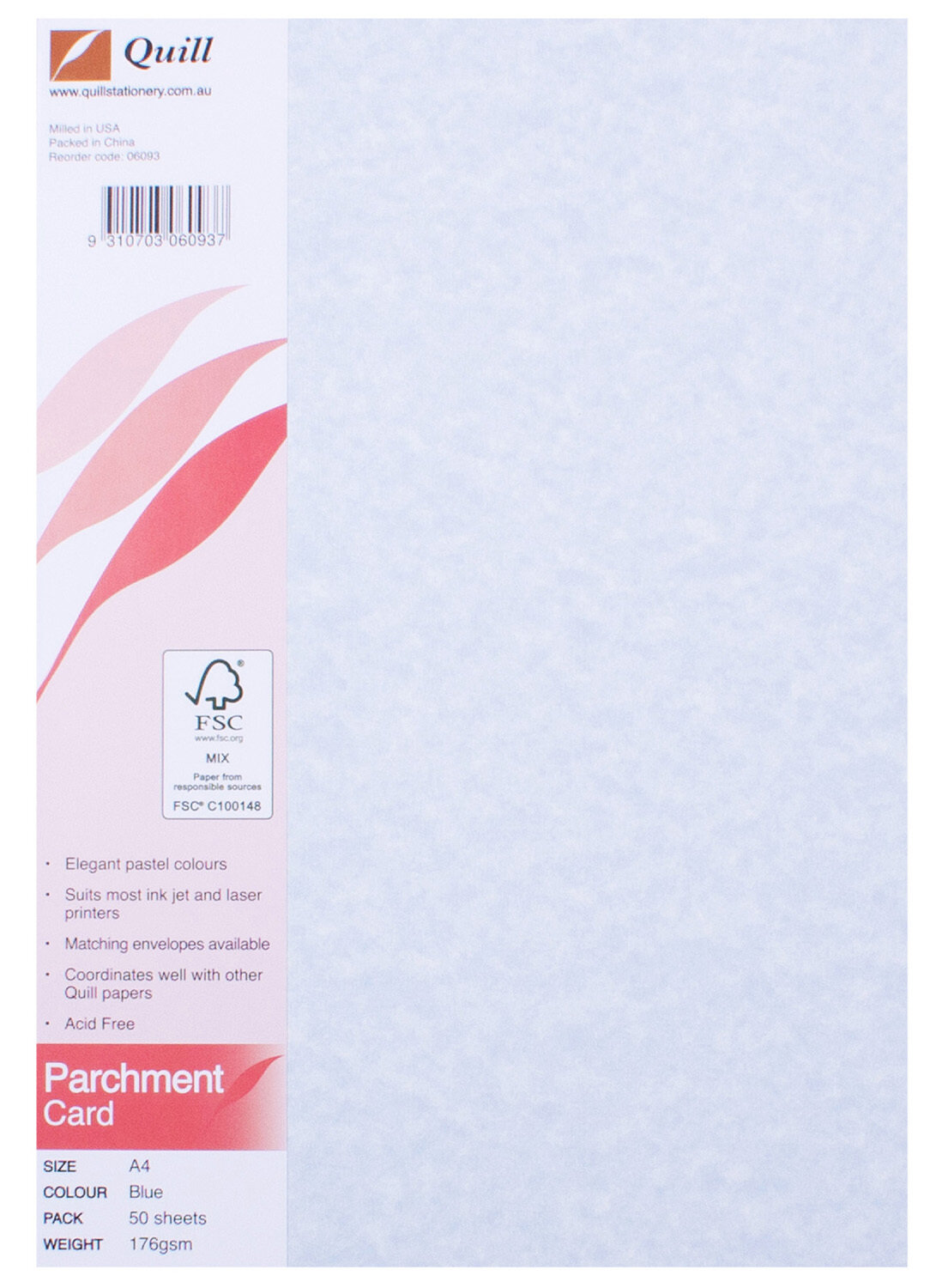 CARD PARCHMENT QUILL A4 176GSM BLUE PK50