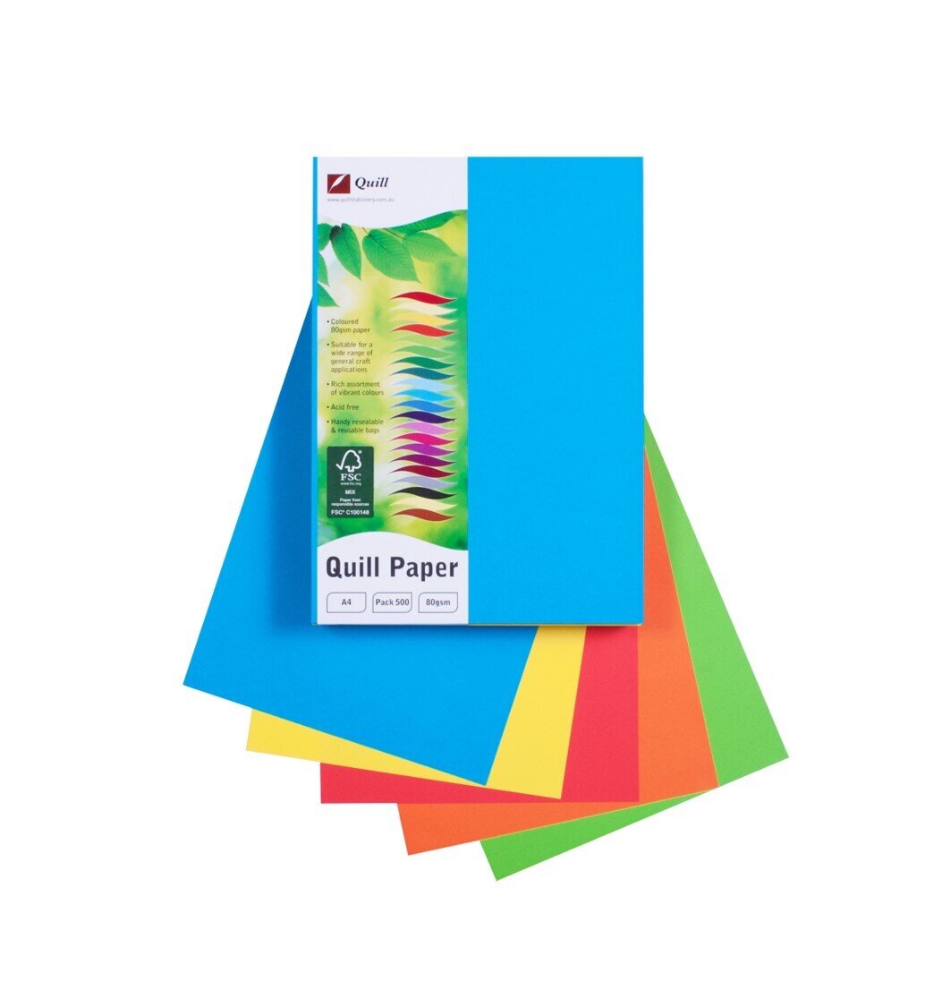 COPY PAPER QUILL A4 80GSM BRIGHT ASST PK500