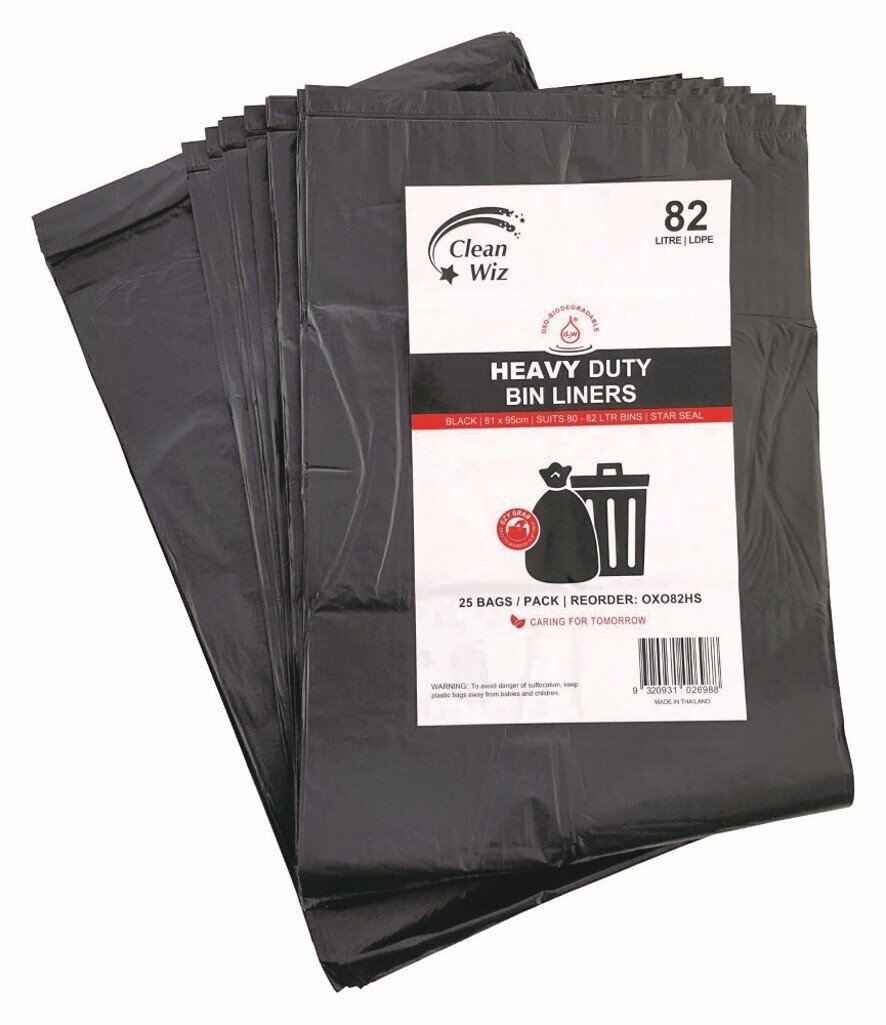 BIN LINER CLEAN WIZ 82L ECO OXO-BIODEGRADABLE HEAVY DUTY STAR SEAL BLK PK25