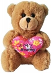 SP- SOFT TOY ELKA 17CM BEAR WITH FLORAL HEART LOVE MUMMY BROWN