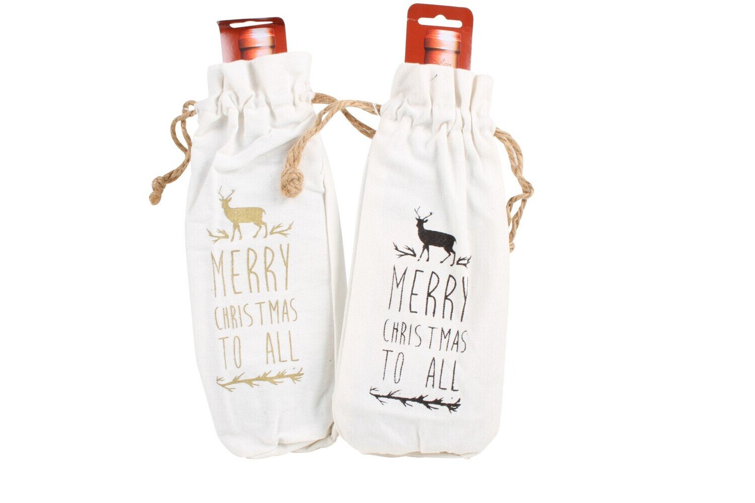 GIFT BAG XMAS 31X12CM CANVAS BOTTLE 2 ASST