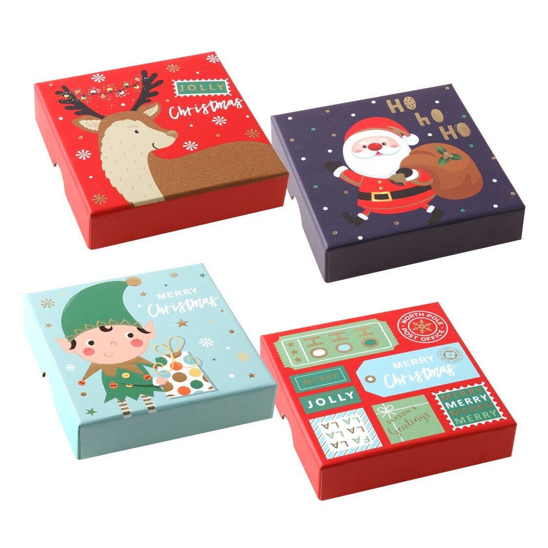 GIFT BOX XMAS 100X100X22MM 4 COLOUR SQUARE WITH FOIL 4 ASST