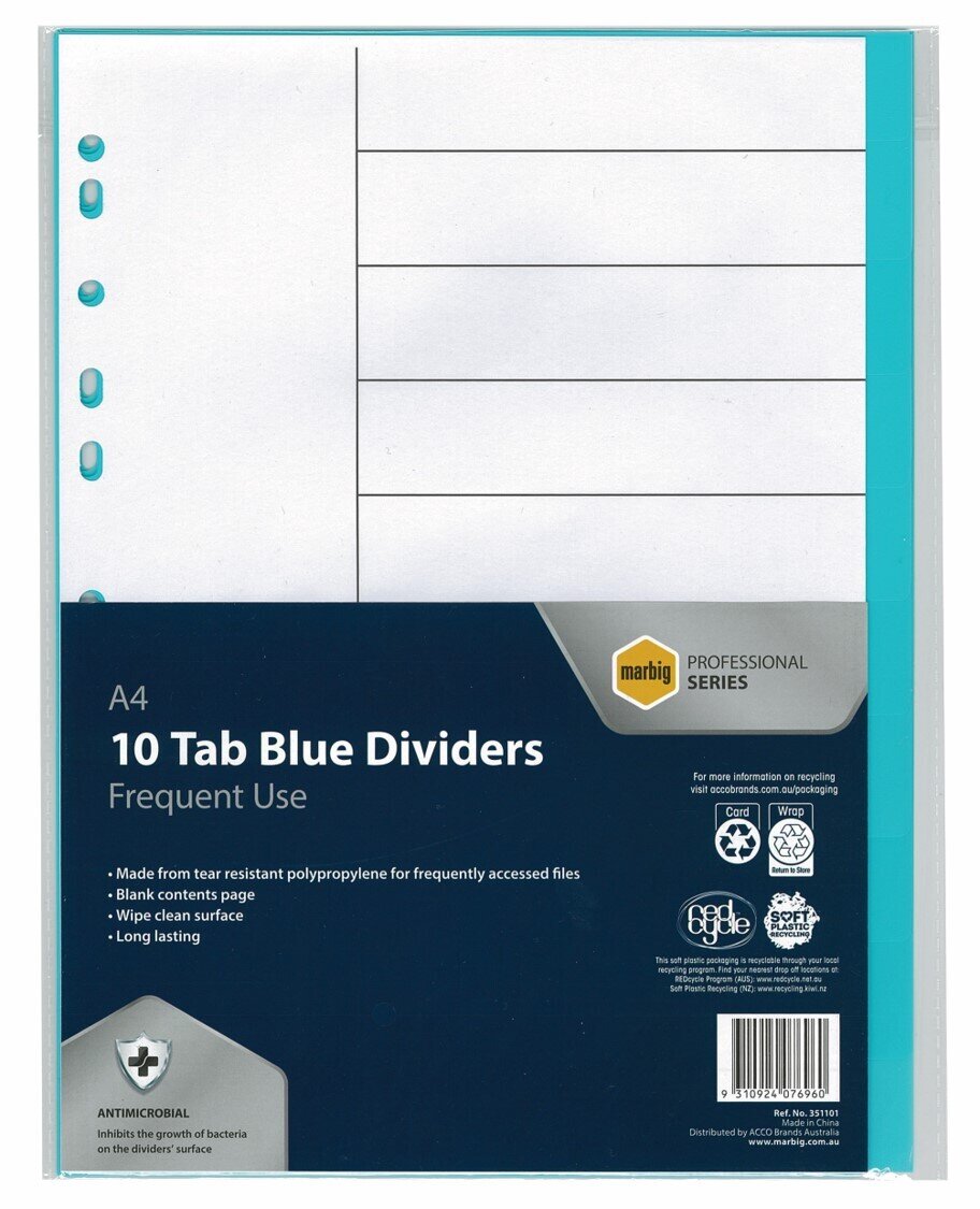 DIVIDERS MARBIG A4 PROFESSIONAL PP ANTIMIC 10TAB BLUE