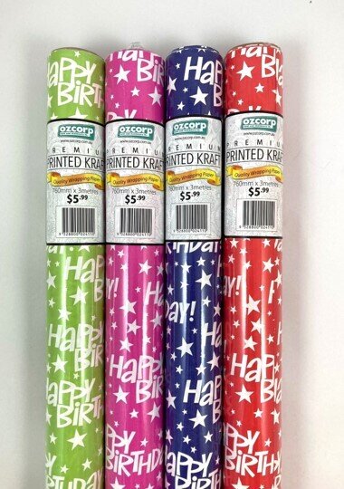 WRAPPING PAPER OZCORP 76CMX3M BIRTHDAY THEME ASSORT 4 COLOURS