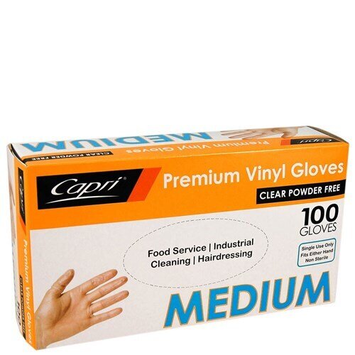 GLOVES CAPRI VINYL POWDER FREE CLEAR MEDIUM BX100