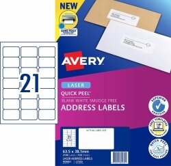 LABEL AVERY LASER L7160 ADDRESS 21UP WHITE PK100