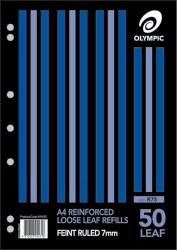 LOOSE LEAF REINFORCED REFILLS OLYMPIC A4 RULED 7MM PK50