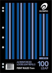 LOOSE LEAF REINFORCED REFILLS OLYMPIC A4 RULED 7MM PK100