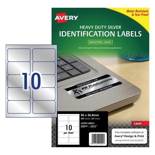 LABEL AVERY LASER L6012 SILVER H/DUTY 96X50.8MM 10UP PK20