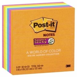 NOTES SUPER STICKY POST-IT 101X101MM 675-6SSUC LINED RIO DE JANEIRO PK6