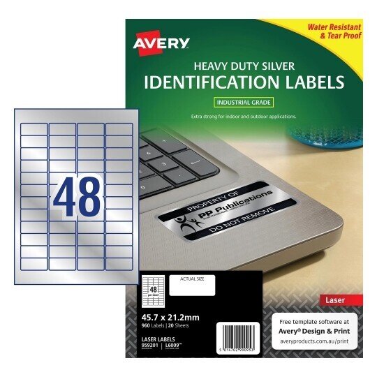 LABEL AVERY LASER L6009 SILVER H/DUTY 45.7X21.2MM 48UP PK20