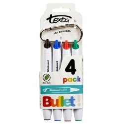 MARKER TEXTA WHITEBOARD BULLET W/CARABINER ASST COLOURS PK4