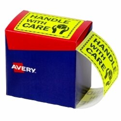SP- LABELS AVERY 75X99.6MM HANDLE WITH CARE FLUORO YELLOW 750/ROLL