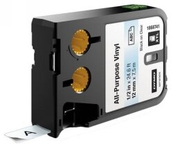 LABEL TAPE DYMO 12MM XTL ALL PURPOSE VINYL BLACK ON CLEAR
