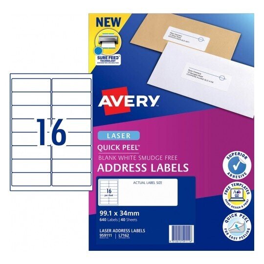 LABEL AVERY LASER L7162 ADDRESS 16UP WHITE PK40