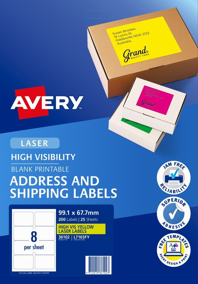 LABEL AVERY L7165FY SHIPPING HI VIS FLUORO YELLOW 8UP 25 SHTS