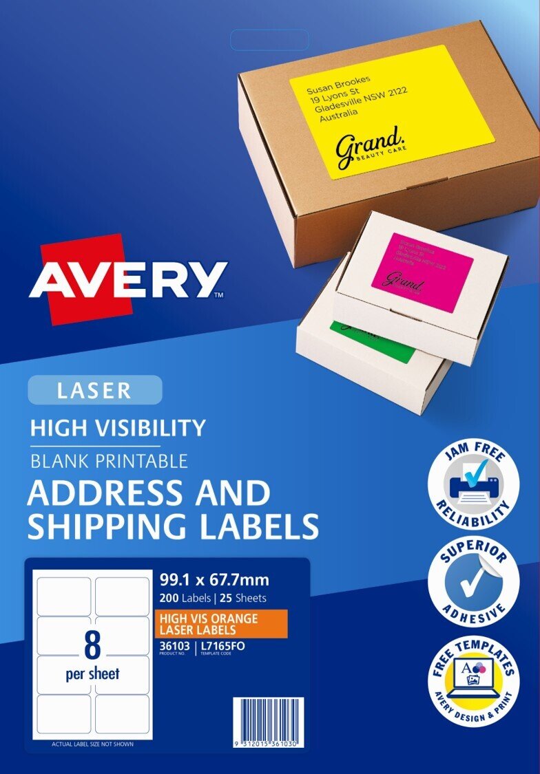 LABEL AVERY L7165FO SHIPPING HI VIS FLUORO ORANGE 8UP 25 SHTS