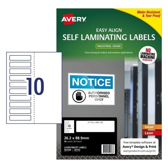 LABELS AVERY SELF LAMINATING 26X88MM 10UP PK5