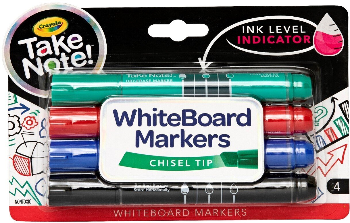 MARKER WHITEBOARD CRAYOLA TAKE NOTE CHISEL TIP ASST PK4