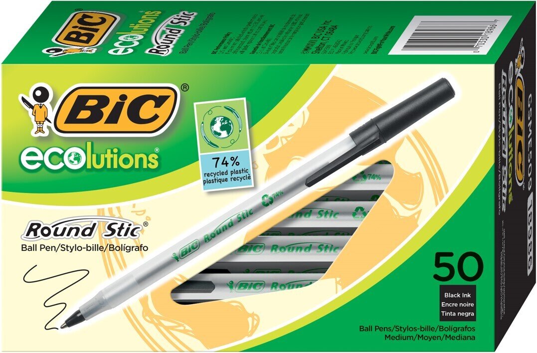 PEN BIC BP ECOLUTIONS ROUND STIC 1.0MM MEDIUM POINT BLACK PG BX50