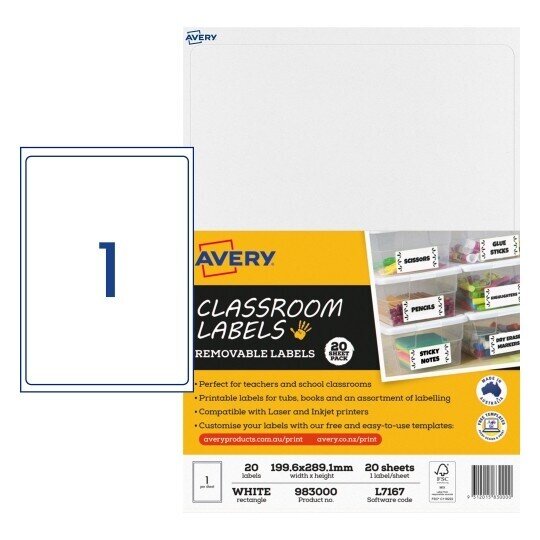 LABELS AVERY CLASSROOM REMOVABLE 199.6X289.1MM 1UP PK20