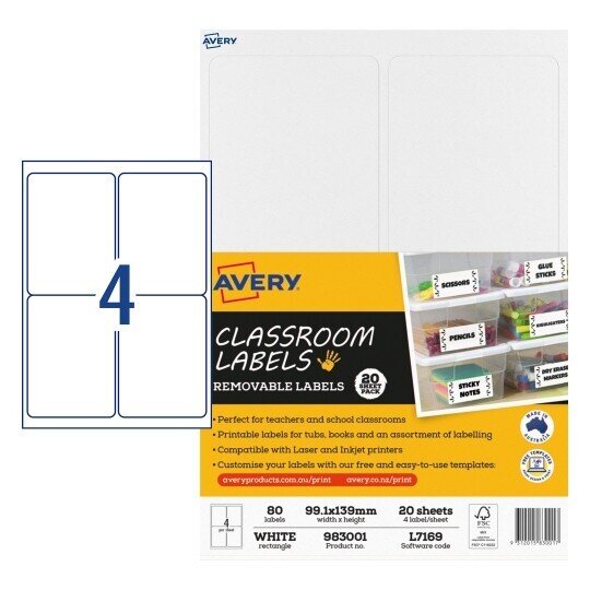 LABELS AVERY CLASSROOM REMOVABLE 99.1X139MM 4UP PK20